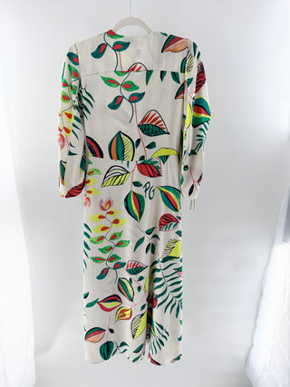 Purificacion Garcia Satin Tropical Print Ruched Sleeve Shirt Midi Dress Cream S