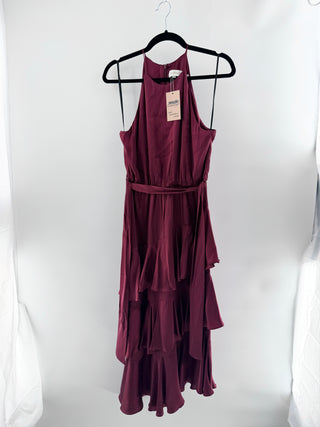 Zimmermann silk midi dress featuring halter neckline, adjustable waist tie, cascading asymmetrical ruffle detailing, 1