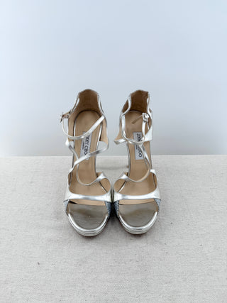Jimmy Choo leather and sparkle platform heel sandals, 40.5