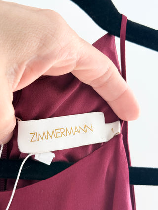 Zimmermann silk midi dress featuring halter neckline, adjustable waist tie, cascading asymmetrical ruffle detailing, 1