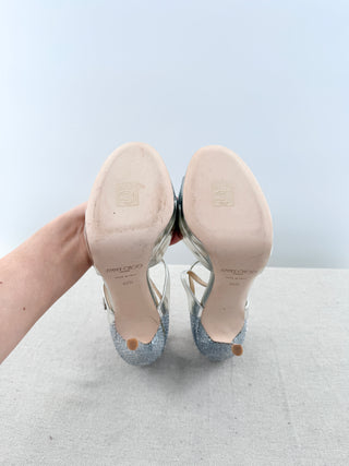 Jimmy Choo leather and sparkle platform heel sandals, 40.5