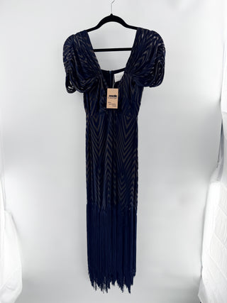 Azulu sheer chevron printed maxi dress featuring dramatic puff sleeve, front knot detail, and statement fringe hem, S