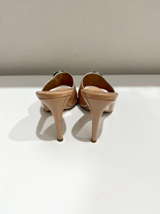 CHANEL Patent Leather Camelia Slip On Stilettos Heel Mules Beige Women's EU 41