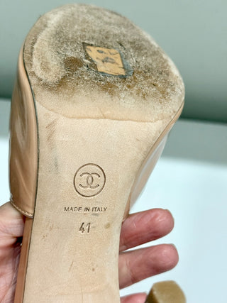 CHANEL Patent Leather Camelia Slip On Stilettos Heel Mules Beige Women's EU 41