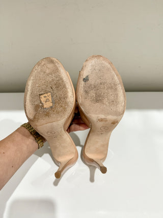 CHANEL Patent Leather Camelia Slip On Stilettos Heel Mules Beige Women's EU 41