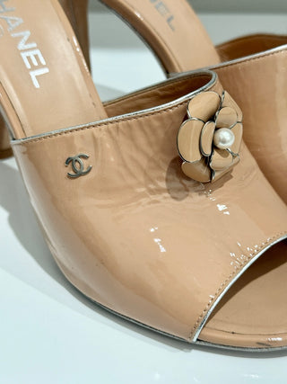 CHANEL Patent Leather Camelia Slip On Stilettos Heel Mules Beige Women's EU 41
