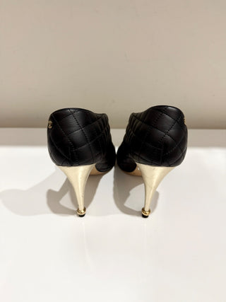 Chanel Quilted Leather D'Orsay Peep-Toe Pumps with Gold-Tone Heels Black EU 41