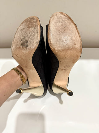 Chanel Quilted Leather D'Orsay Peep-Toe Pumps with Gold-Tone Heels Black EU 41