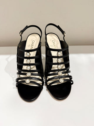 NWOT Chanel Leather Embellished Pearl Slingback Sandals Black Women's Size EU 41