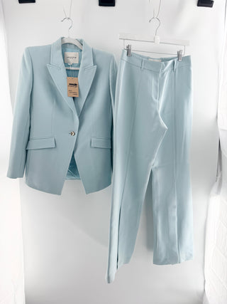 Lafayette 148 tailored pantsuit set featuring single-button blazer with sharp notch lapels, paired with coordinating high-rise tailored trousers in lightweight crepe fabric, 2