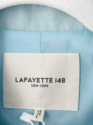 Lafayette 148 tailored pantsuit set featuring single-button blazer with sharp notch lapels, paired with coordinating high-rise tailored trousers in lightweight crepe fabric, 2