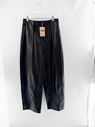 Balmain leather trousers featuring high-rise waist, structured pleated front detailing, and cropped culotte-style hem, 38