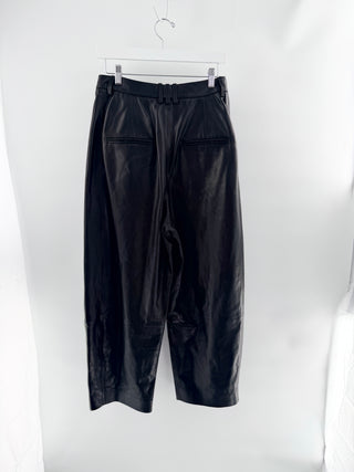 Balmain leather trousers featuring high-rise waist, structured pleated front detailing, and cropped culotte-style hem, 38