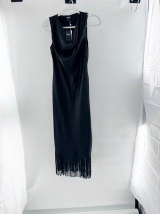 NWT I.N.C. International Concepts Cowl-Neck Fringe-Hem Midi Dress Black Women 8P