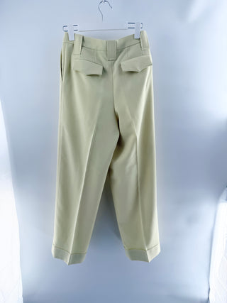 Ganni pastel tailored trousers featuring high-rise waist, front pleat detailing, and cuffed cropped hem in woven fabric, 32