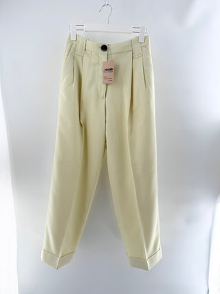 Ganni pastel tailored trousers featuring high-rise waist, front pleat detailing, and cuffed cropped hem in woven fabric, 32