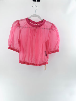 Dolce and Gabbana sheer organza crop top featuring voluminous puff sleeves, crew neckline, and elasticized hem and cuffs, 40