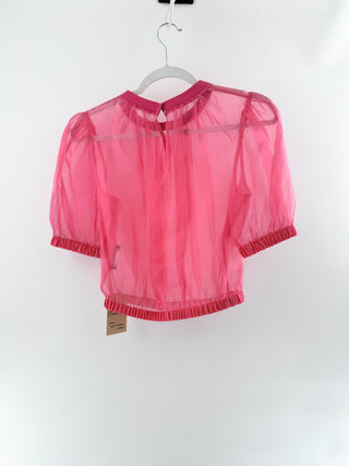 Dolce and Gabbana sheer organza crop top featuring voluminous puff sleeves, crew neckline, and elasticized hem and cuffs, 40