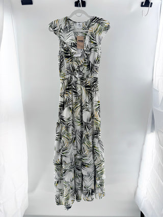 NWT MISA Los Angeles Maxine Palm Print Flutter Sleeve Maxi Dress White Green XS