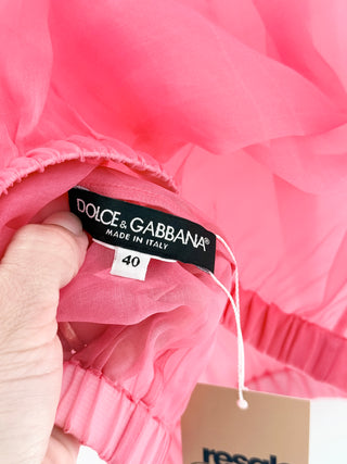 Dolce and Gabbana sheer organza crop top featuring voluminous puff sleeves, crew neckline, and elasticized hem and cuffs, 40