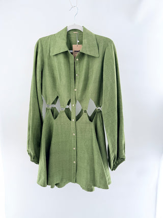 Cult Gaia Bey Long Sleeve Waist Cutout Mini Shirtdress Olive Green Womens Small