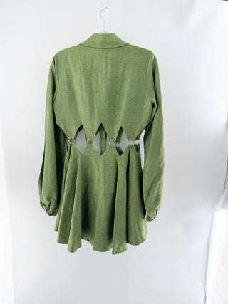 Cult Gaia Bey Long Sleeve Waist Cutout Mini Shirtdress Olive Green Womens Small