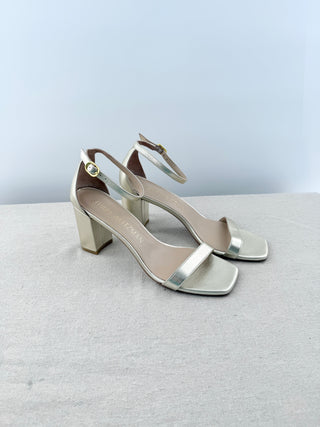 Stuart Weitzman Metallic Leather Ankle Strap Block Heel Sandals Gold Womens 9.5