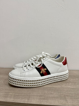 Gucci Crystal-Embellished Ace Low Top Platform Sneakers White Women's Size EU 39