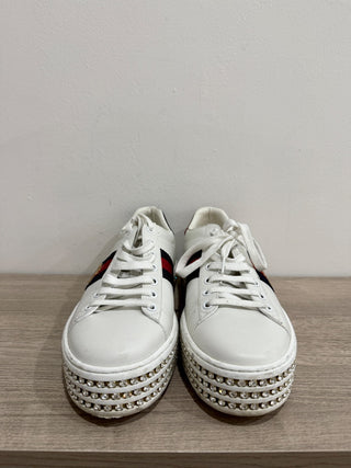Gucci Crystal-Embellished Ace Low Top Platform Sneakers White Women's Size EU 39