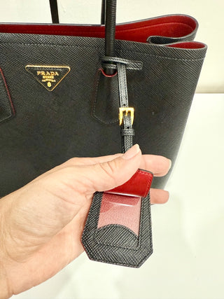 Prada Small Double Saffiano Calfskin Leather Shoulder Bag Black Fiery Red