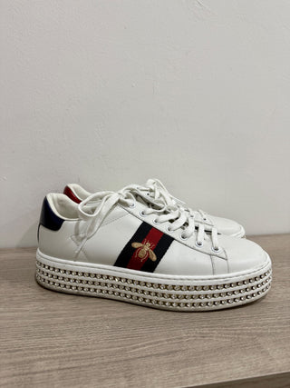 Gucci Crystal-Embellished Ace Low Top Platform Sneakers White Women's Size EU 39