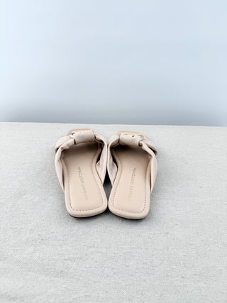 Stuart Weitzman Cece Leather Metal Knotted Flat Slides Sandals Barely Beige 7.5
