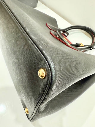 Prada Small Double Saffiano Calfskin Leather Shoulder Bag Black Fiery Red