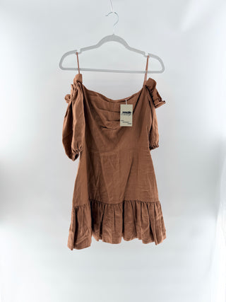 Karina Grimaldi Brown off-shoulder ruffle dress, M