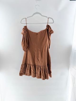 Karina Grimaldi Brown off-shoulder ruffle dress, M