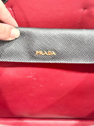 Prada Small Double Saffiano Calfskin Leather Shoulder Bag Black Fiery Red