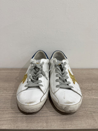 Golden Goose Super-Star Distressed Sneakers White and Blue w/ Gold Star EU 40