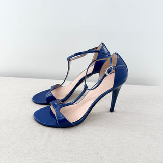 Stuart Weitzman Patent Leather T-Strap Stilettos Heel Sandals Blue Women's 9.5