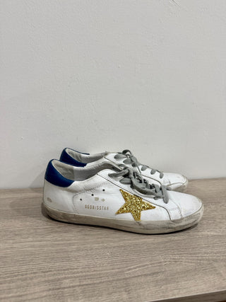 Golden Goose Super-Star Distressed Sneakers White and Blue w/ Gold Star EU 40