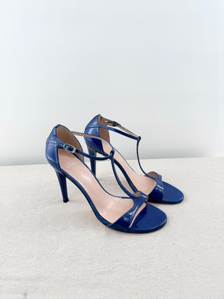 Stuart Weitzman Patent Leather T-Strap Stilettos Heel Sandals Blue Women's 9.5