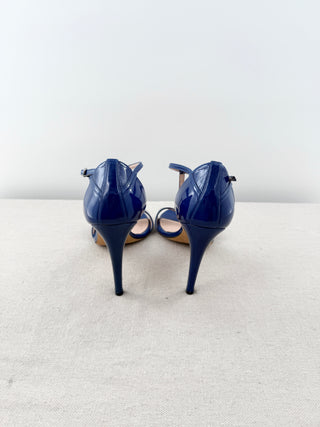 Stuart Weitzman Patent Leather T-Strap Stilettos Heel Sandals Blue Women's 9.5