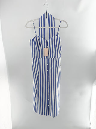 NWT Hutch Striped Sleeveless V-Neck Belted Midi Dress White Blue Women's Size 4