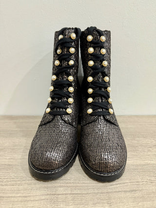 Stuart Weitzman Ivey Tweed High Block Heel Combat Boots Coffee Women's US 8.5