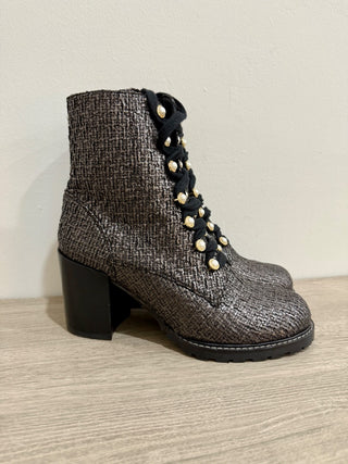 Stuart Weitzman Ivey Tweed High Block Heel Combat Boots Coffee Women's US 8.5