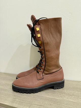 NWOT Stuart Weitzman Elspeth Turin Leather Combat Boots Pink Womens Size US 8.5