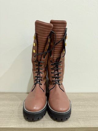 NWOT Stuart Weitzman Elspeth Turin Leather Combat Boots Pink Womens Size US 8.5