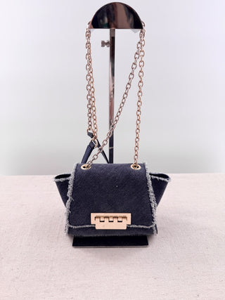 Zac Posen denim fringe trim small chain strap bag