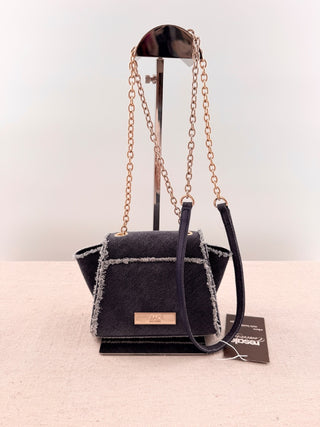 Zac Posen denim fringe trim small chain strap bag