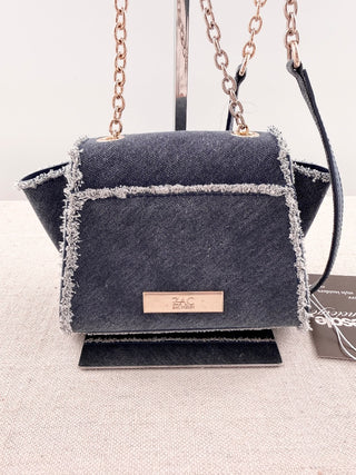 Zac Posen denim fringe trim small chain strap bag