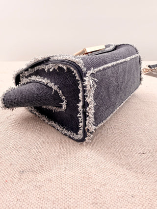 Zac Posen denim fringe trim small chain strap bag